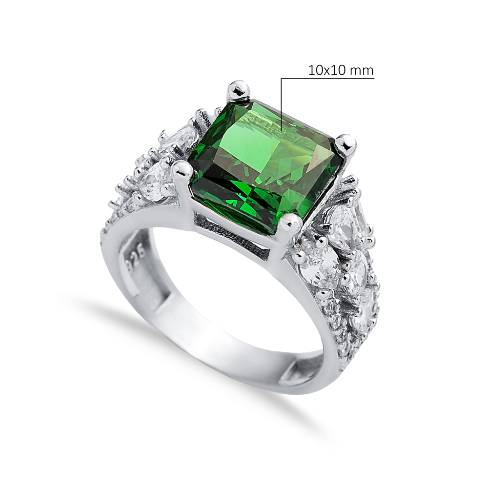 Emerald CZ Stone Square Design Stony Cluster Silver Ring