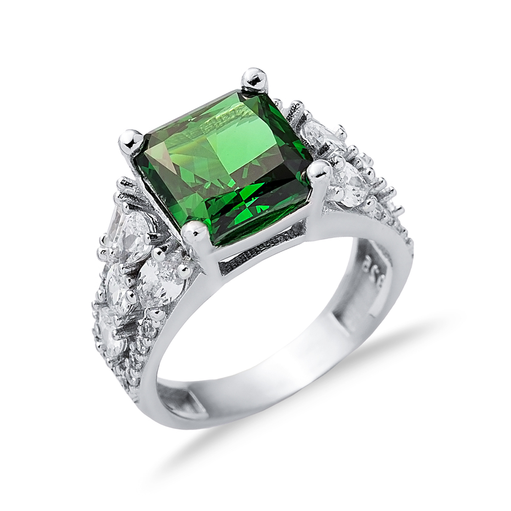 Emerald CZ Stone Square Design Stony Cluster Silver Ring