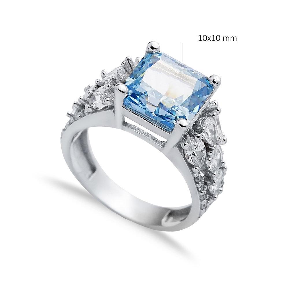 Aquamarine CZ Stone Square Design Stony Cluster Silver Ring