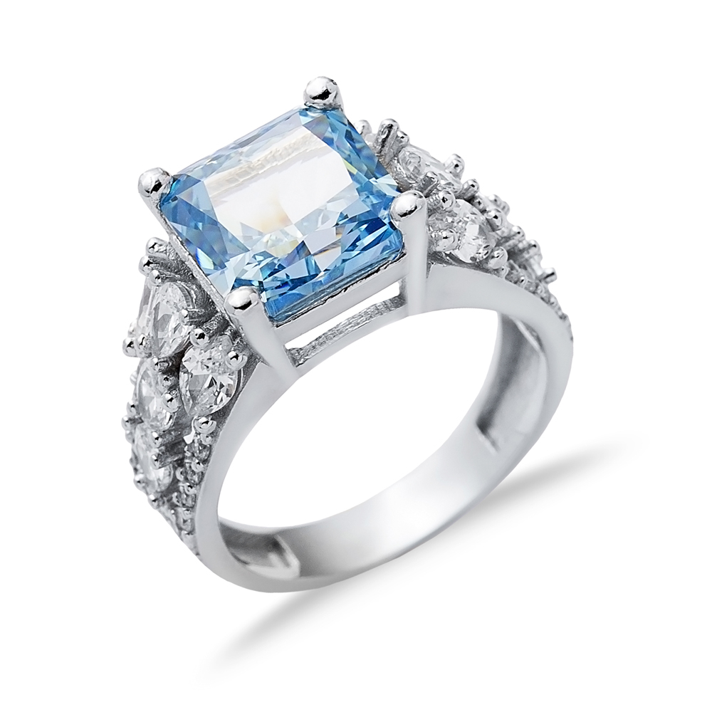 Aquamarine CZ Stone Square Design Stony Cluster Silver Ring