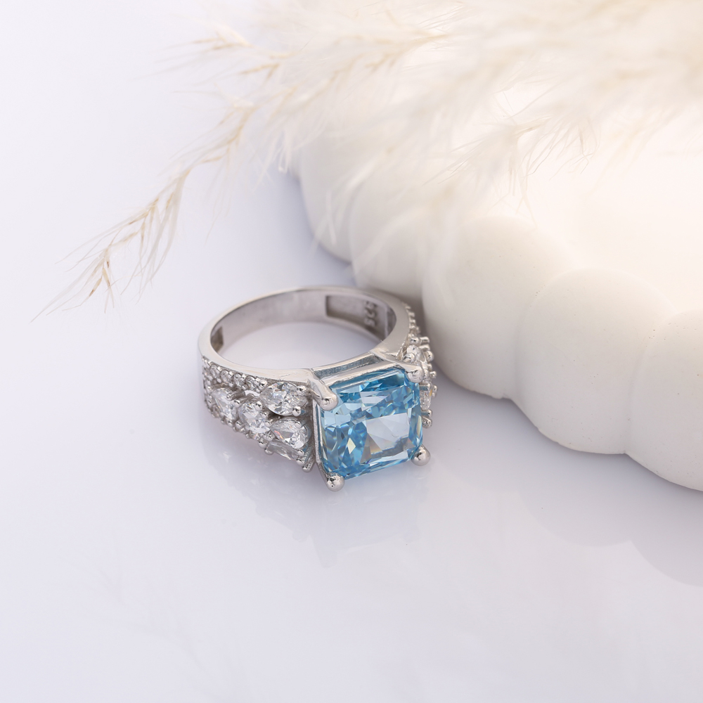 Aquamarine CZ Stone Square Design Stony Cluster Silver Ring