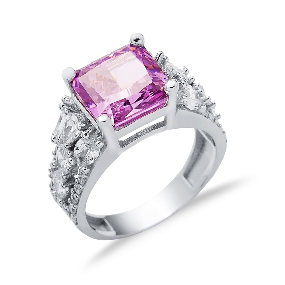 Pink CZ Stone Square Design 925 Silver Stony Cluster Ring