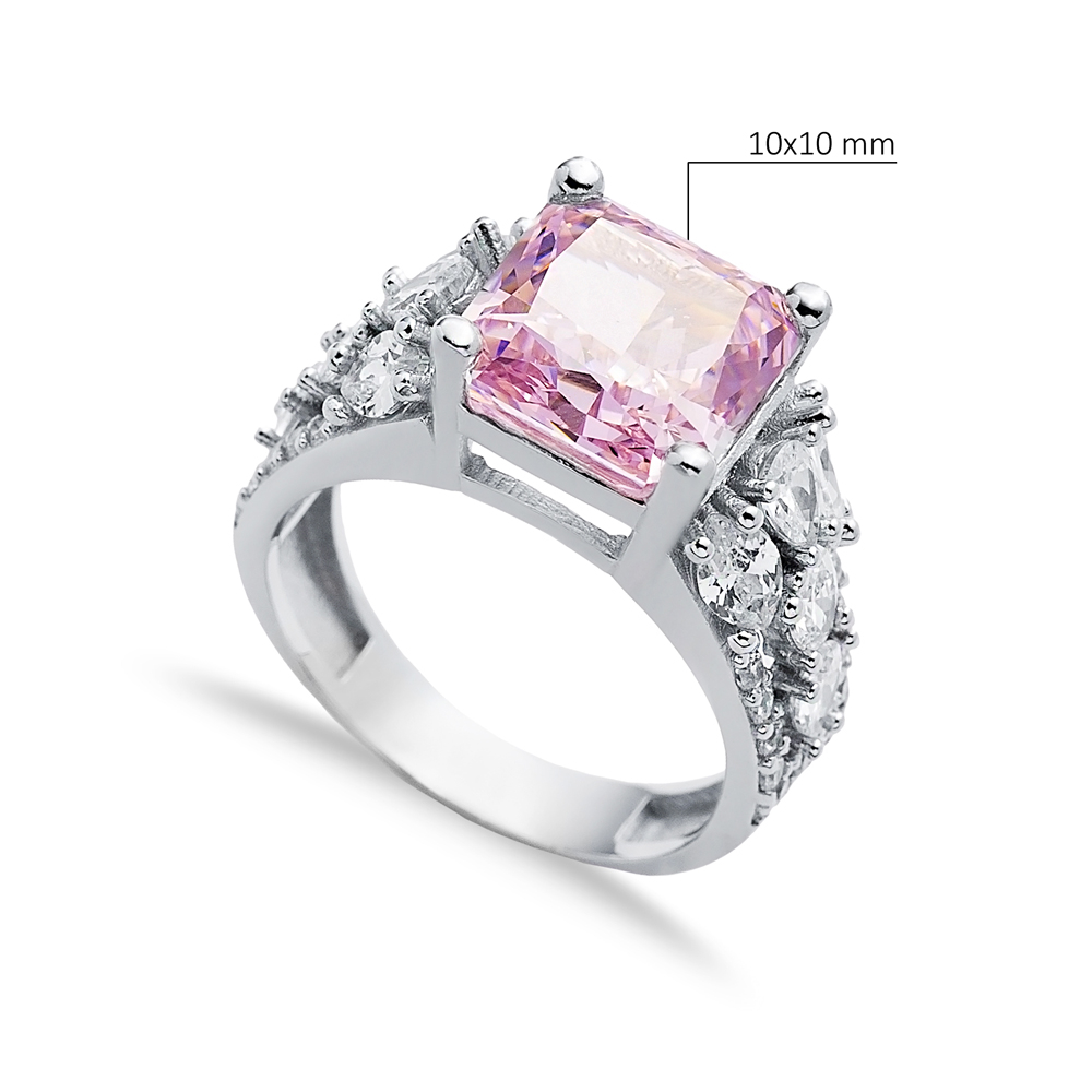 Pink CZ Stone Square Design 925 Silver Stony Cluster Ring