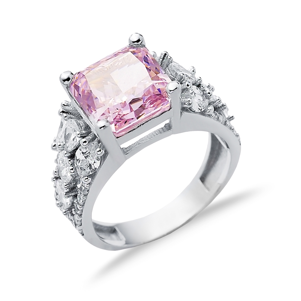 Pink CZ Stone Square Design 925 Silver Stony Cluster Ring