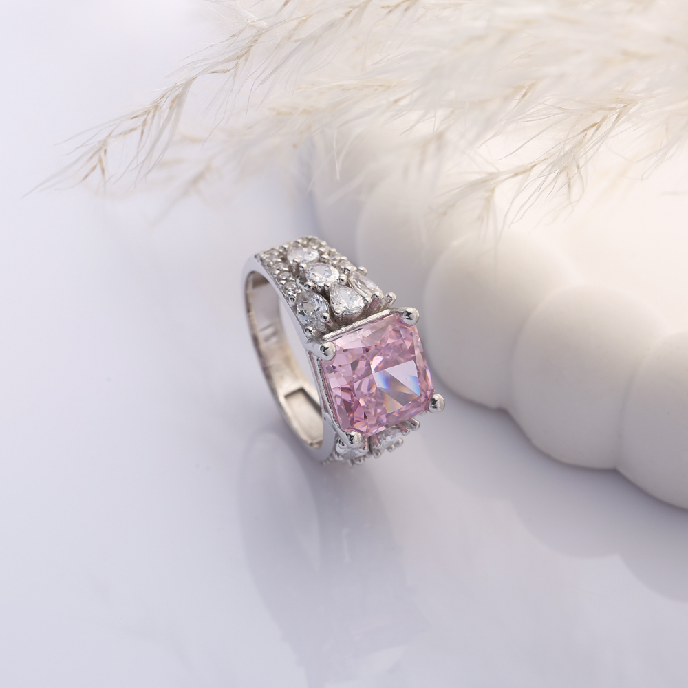 Pink CZ Stone Square Design 925 Silver Stony Cluster Ring