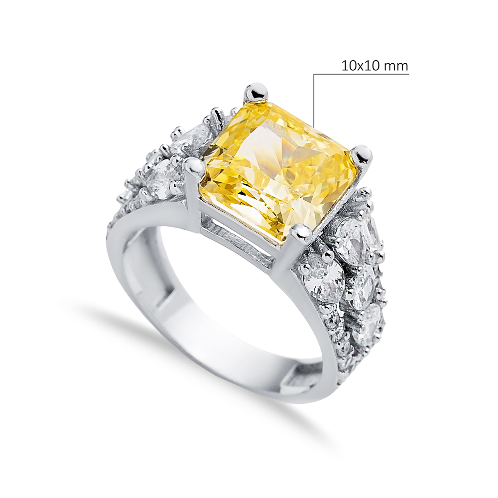 Citrine CZ Stone Square Design 925 Silver Stony Cluster Ring