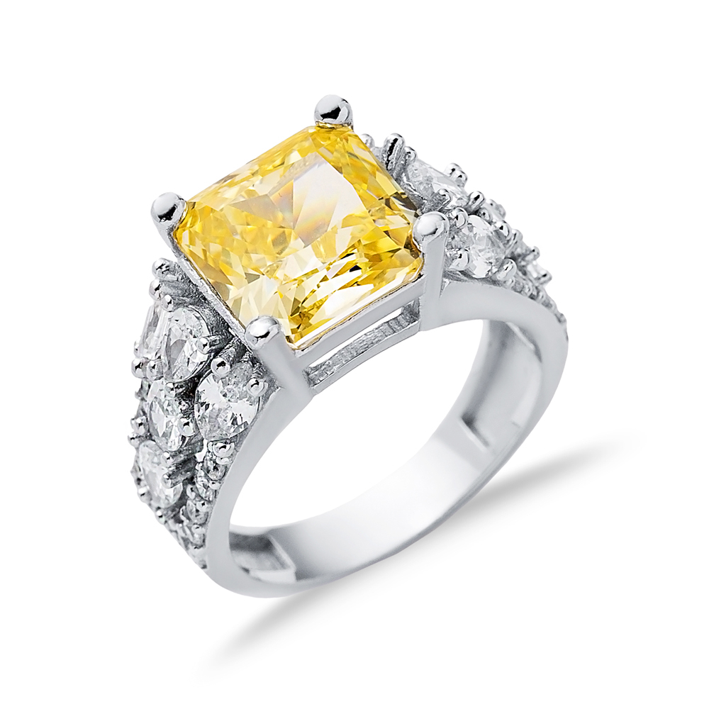 Citrine CZ Stone Square Design 925 Silver Stony Cluster Ring