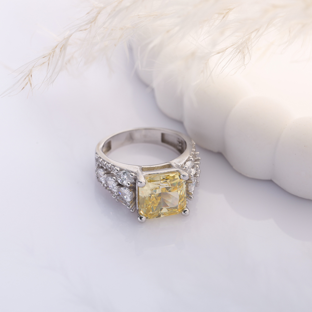 Citrine CZ Stone Square Design 925 Silver Stony Cluster Ring