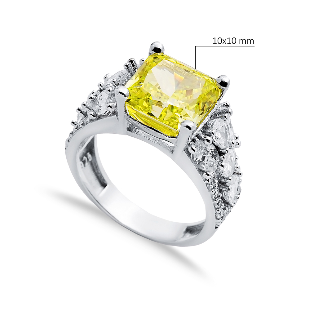 Yellow Citrine CZ Stone Square Design 925 Silver Cluster Ring