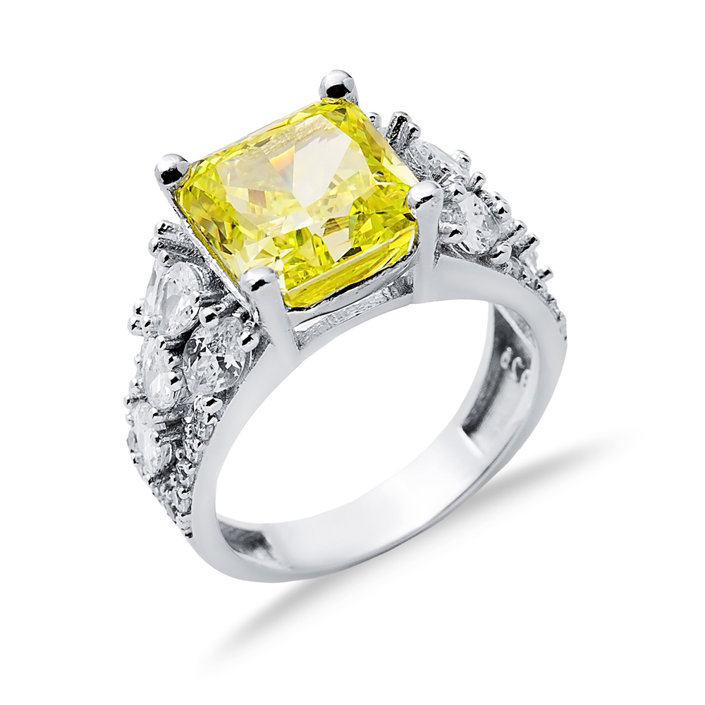 Yellow Citrine CZ Stone Square Design 925 Silver Cluster Ring