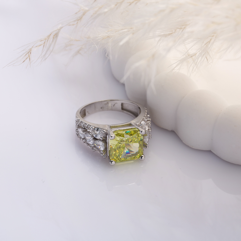 Yellow Citrine CZ Stone Square Design 925 Silver Cluster Ring