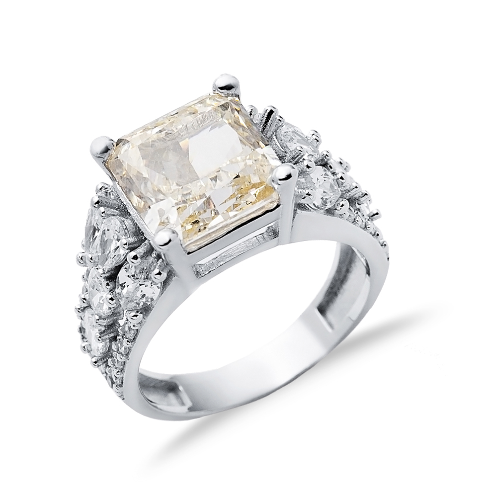 Off White CZ Stone Square Design 925 Silver Cluster Ring