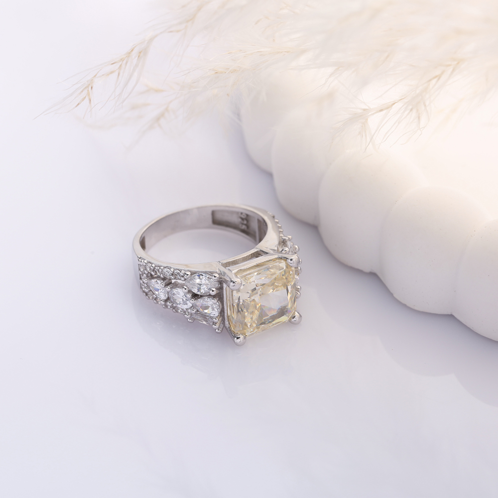 Off White CZ Stone Square Design 925 Silver Cluster Ring