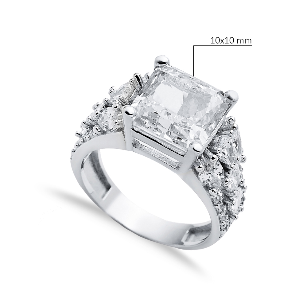 White CZ Stone Square Design 925 Silver Cluster Ring