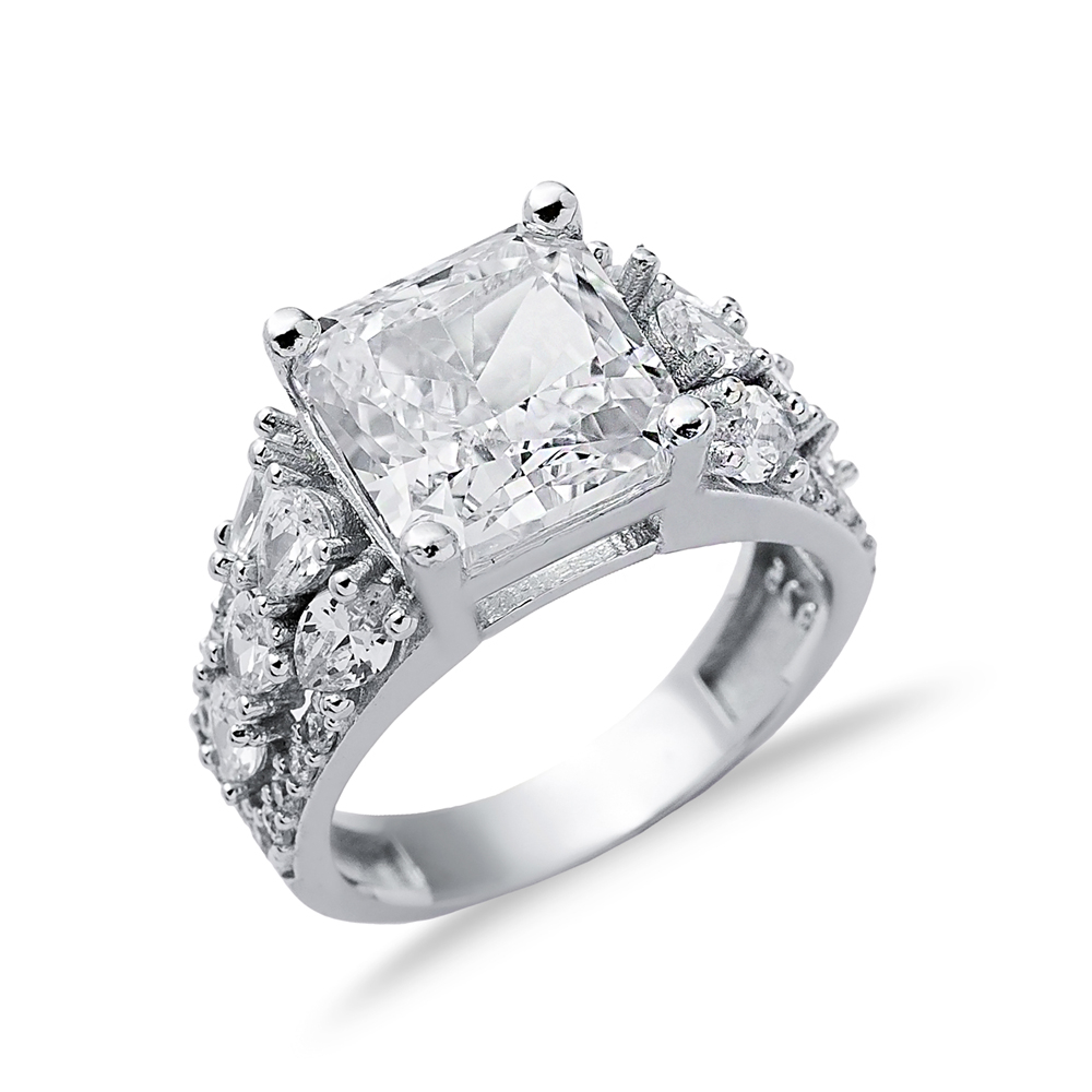 White CZ Stone Square Design 925 Silver Cluster Ring