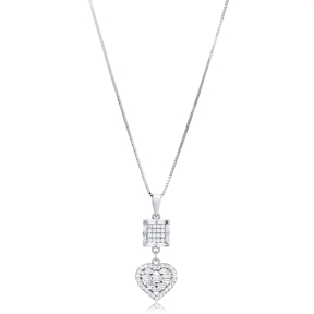 Square and Heart Design CZ Stone Charm Necklace Pendant