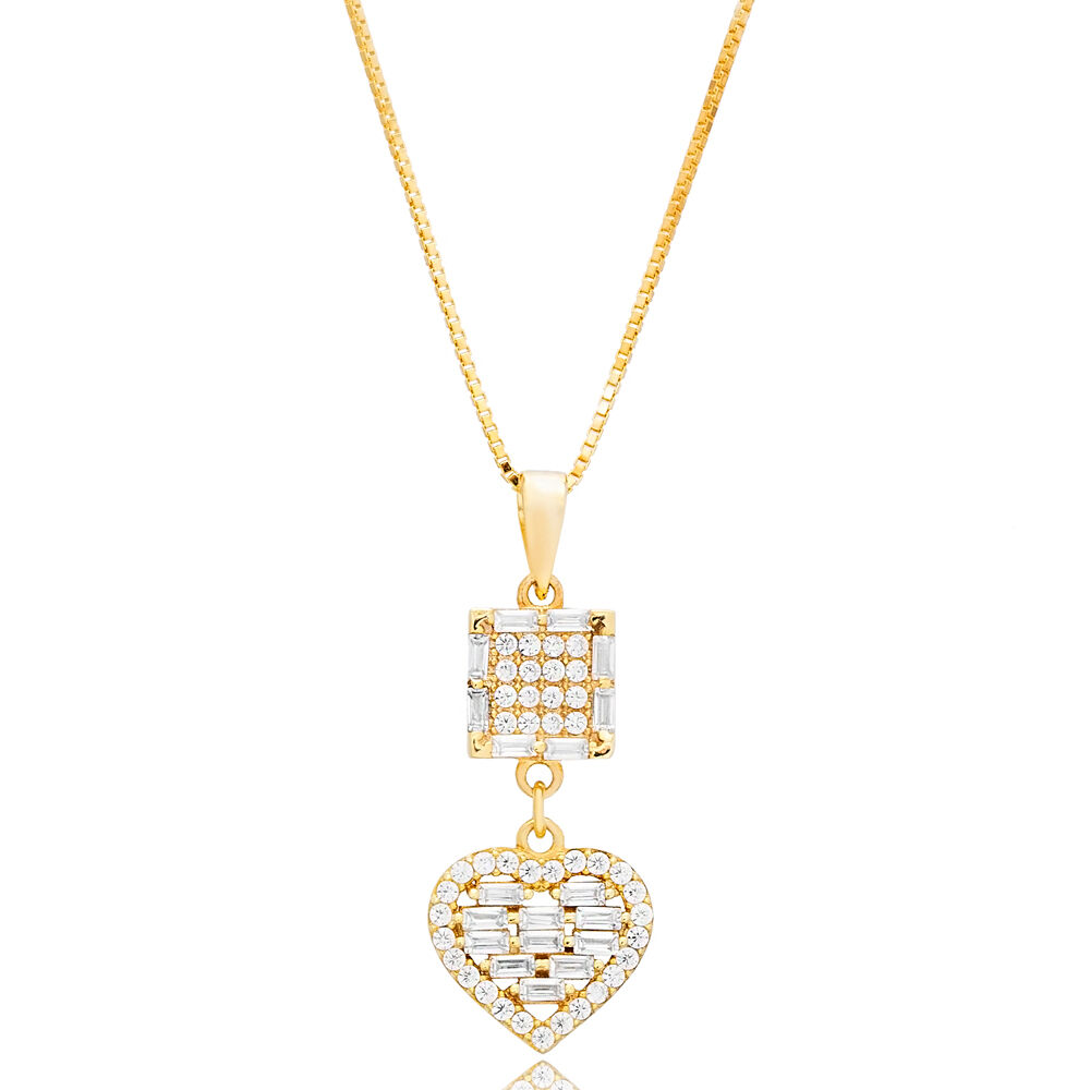 Square and Heart Design CZ Stone Charm Necklace Pendant