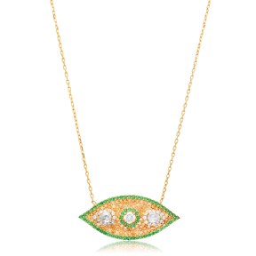 Emerald CZ Evil Eye Silver Charm Necklace Wholesale Jewelry