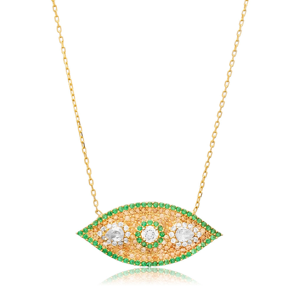 Emerald CZ Evil Eye Silver Charm Necklace Wholesale Jewelry