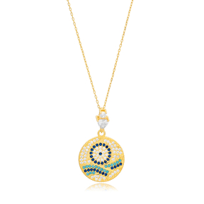 Evil Eye Wave Design CZ Charm Necklace Silver Jewelry