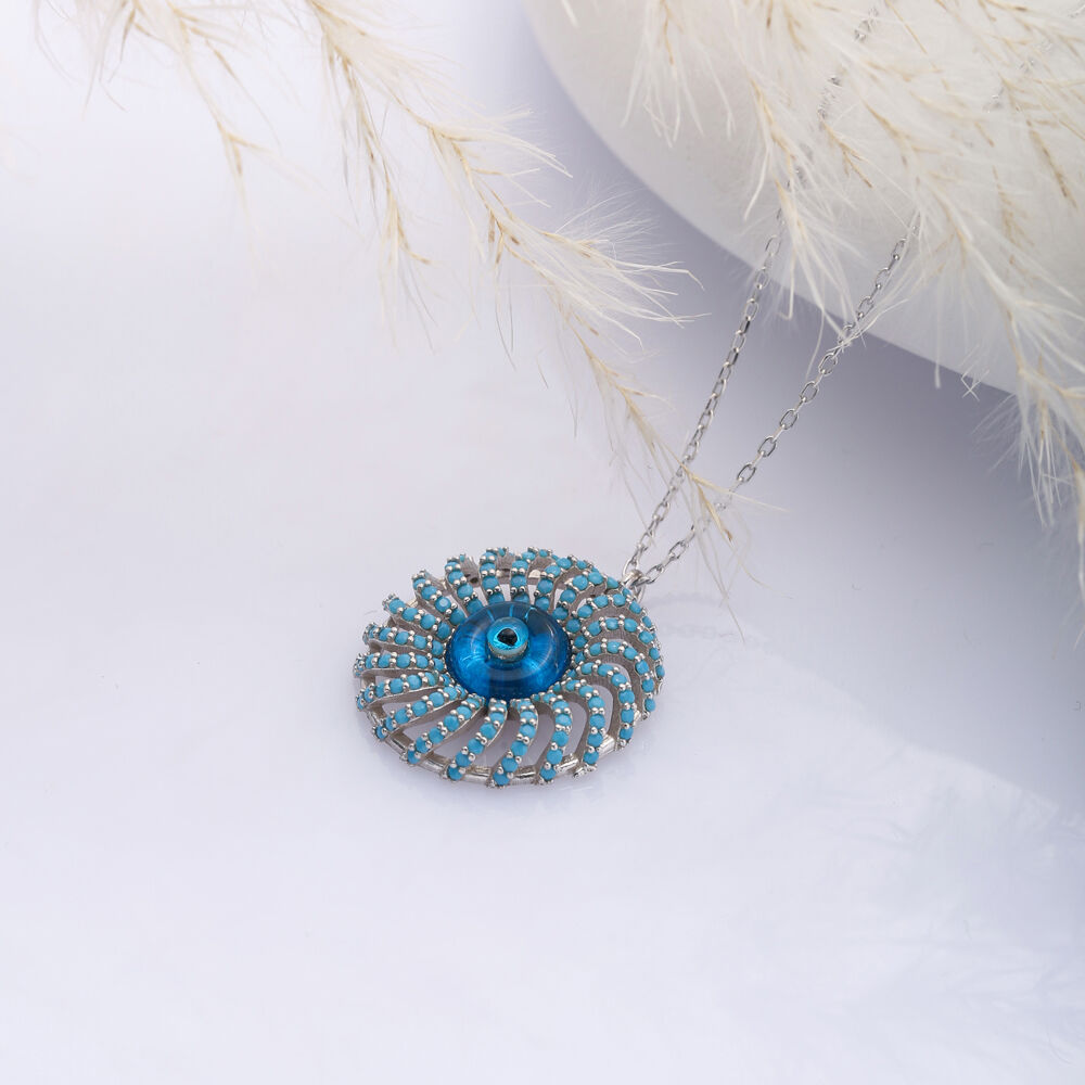 Evil Eye Turquoise CZ Charm Pendant 925 Silver Necklace