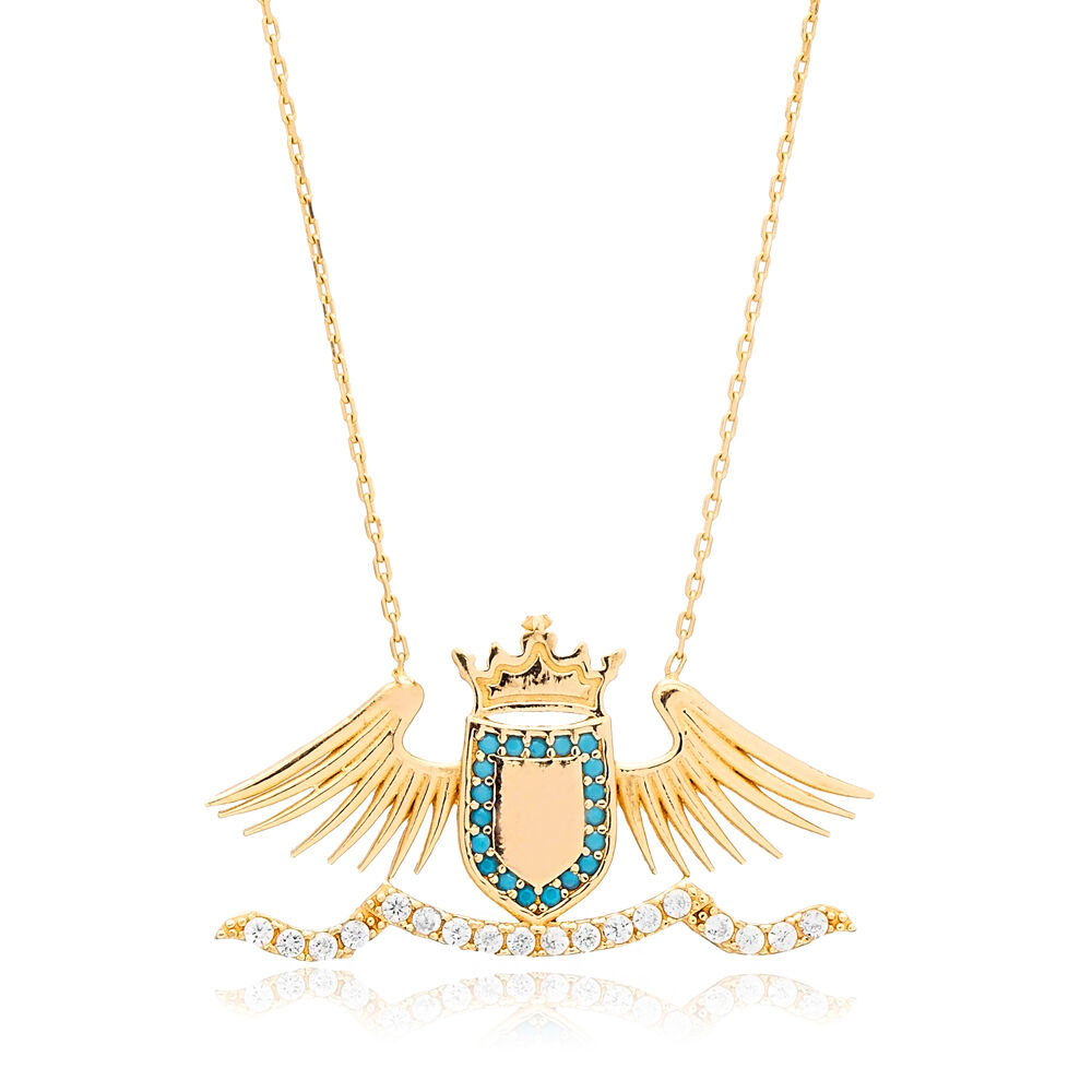 Crown and Wing Turquoise CZ Charm Necklace Silver Charm