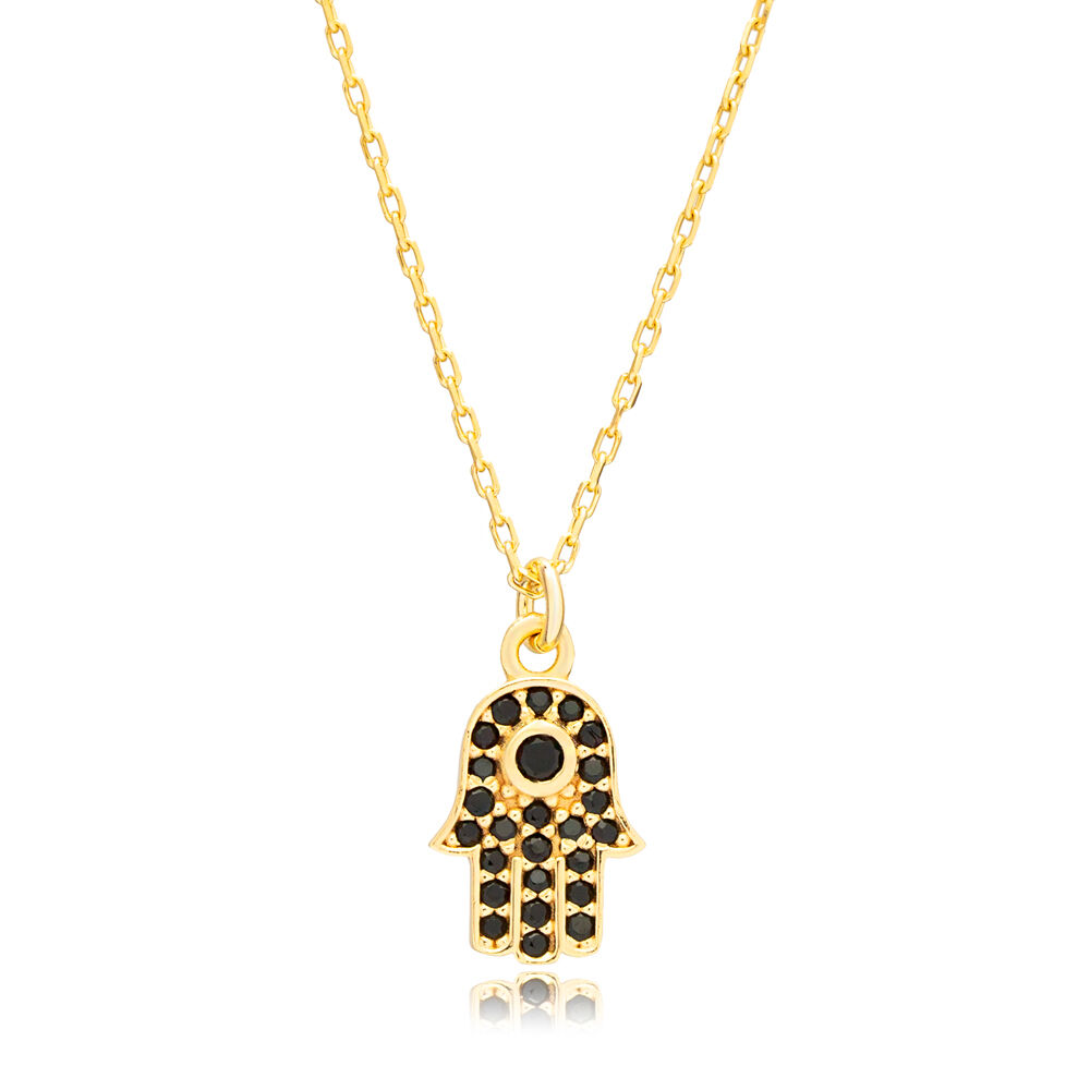 Black CZ Stone Hamsa Charm Silver Necklace