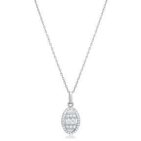 Oval Shape Baquette CZ Stone Silver Charm Necklace