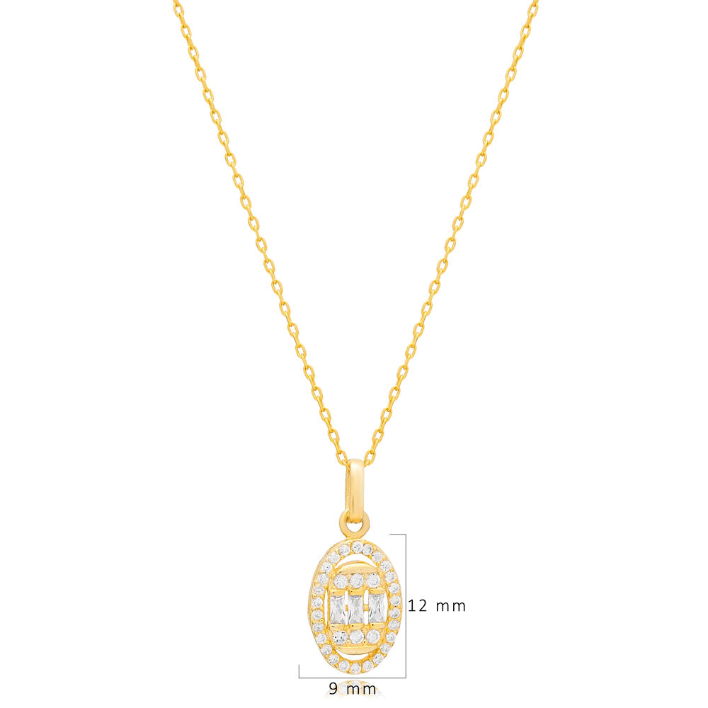 Oval Shape Baquette CZ Stone Silver Charm Necklace