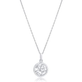 Round Shape Baguette  CZ Stone Silver Charm Necklace