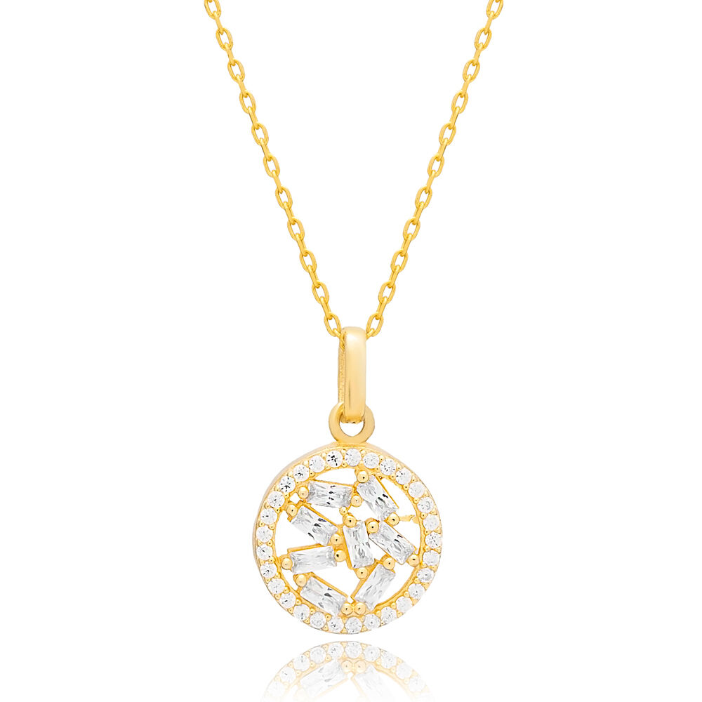 Round Shape Baguette  CZ Stone Silver Charm Necklace