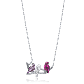 Birds Design CZ Silver Charm Necklace