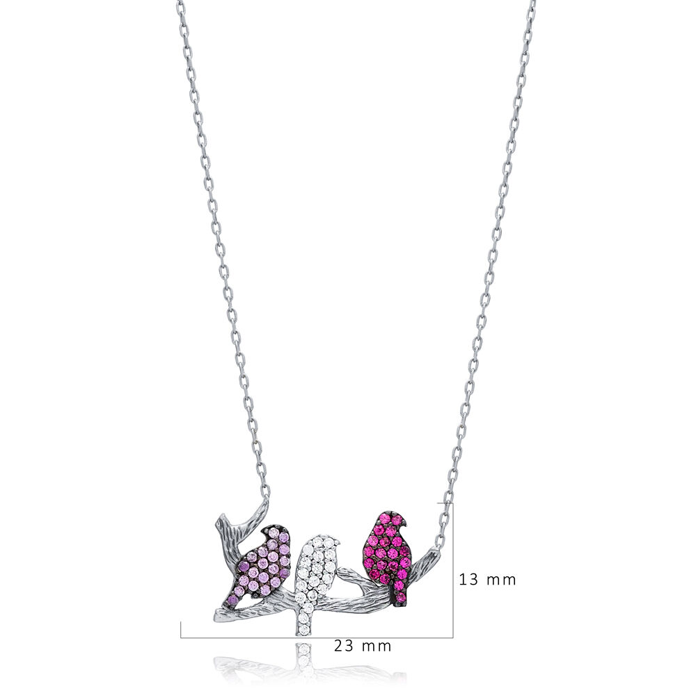 Birds Design CZ Silver Charm Necklace