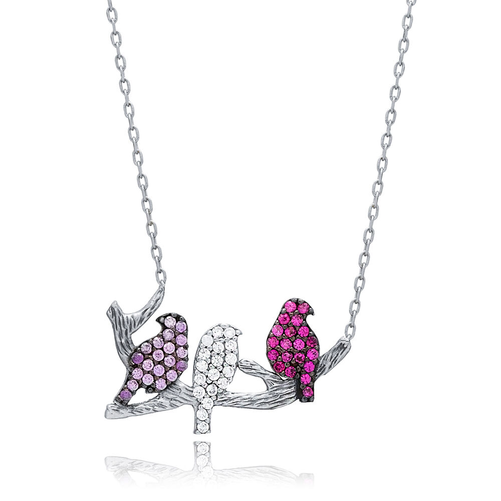 Birds Design CZ Silver Charm Necklace