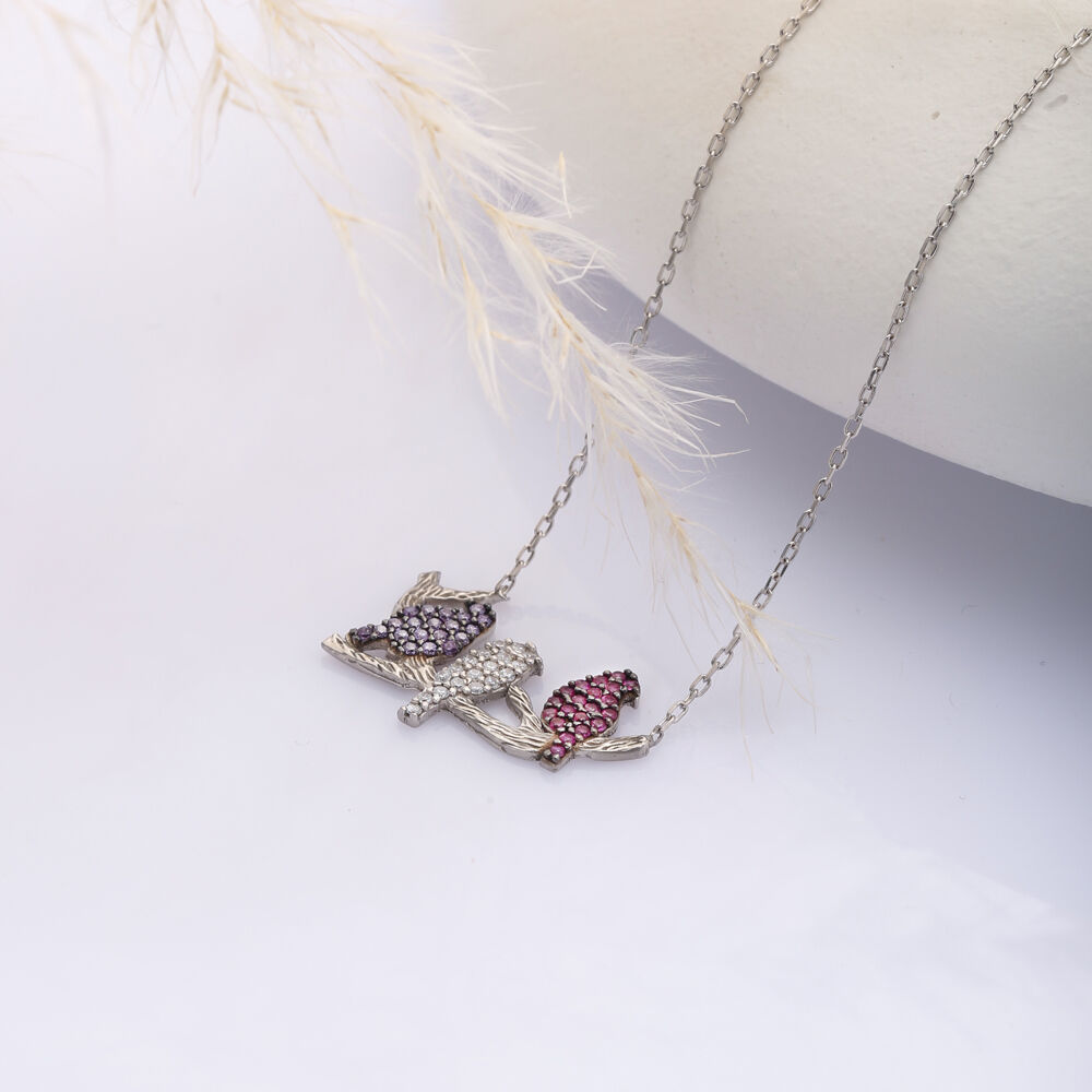 Birds Design CZ Silver Charm Necklace