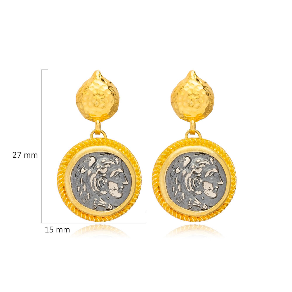 Vintage Medallion Design Silver 22K Gold Stud Earrings