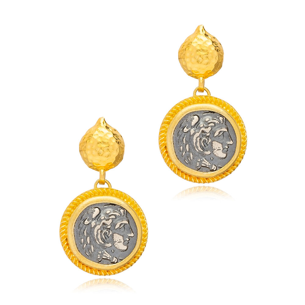 Medallion Vintage Design Silver 22K Gold Stud Earrings