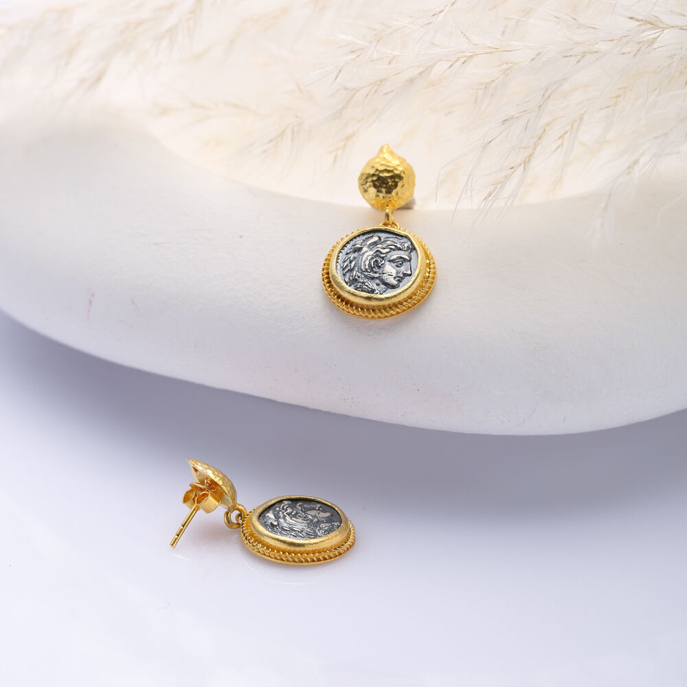 Medallion Vintage Design Silver 22K Gold Stud Earrings