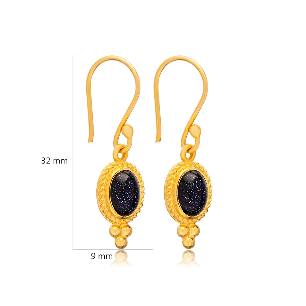 Black Star Stone Oval Vintage Silver 22K Gold Hook Earrings