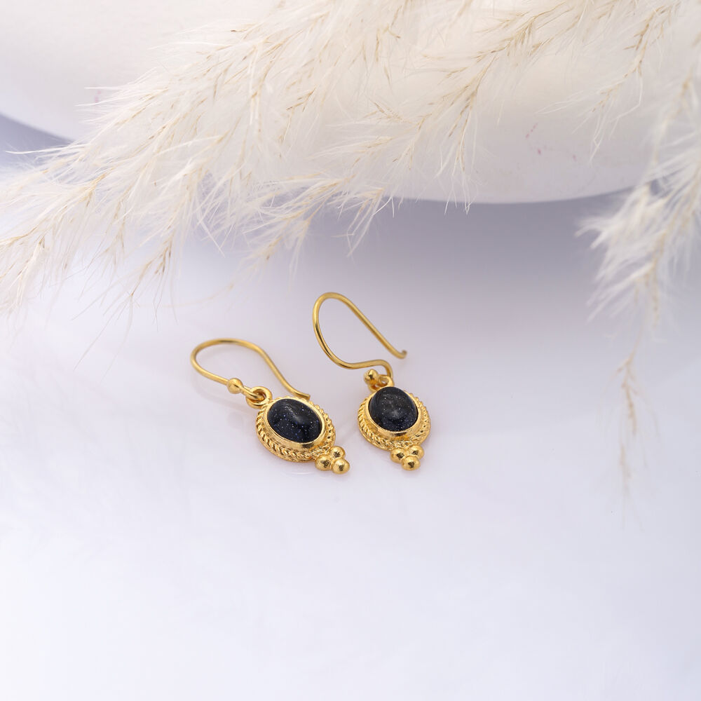 Black Star Stone Oval Vintage Silver 22K Gold Hook Earrings