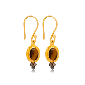 Tiger Eye Stone Oval Vintage 925 Silver 22K Gold Hook Earrings