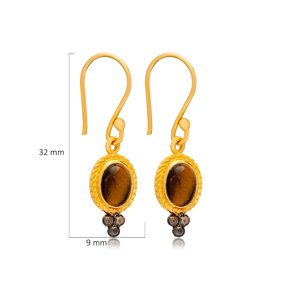 Tiger Eye Oval 22K Gold Vintage Hook Earrings