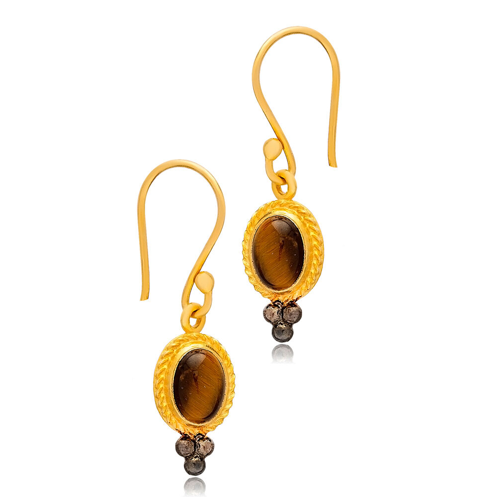 Tiger Eye Oval 22K Gold Vintage Hook Earrings