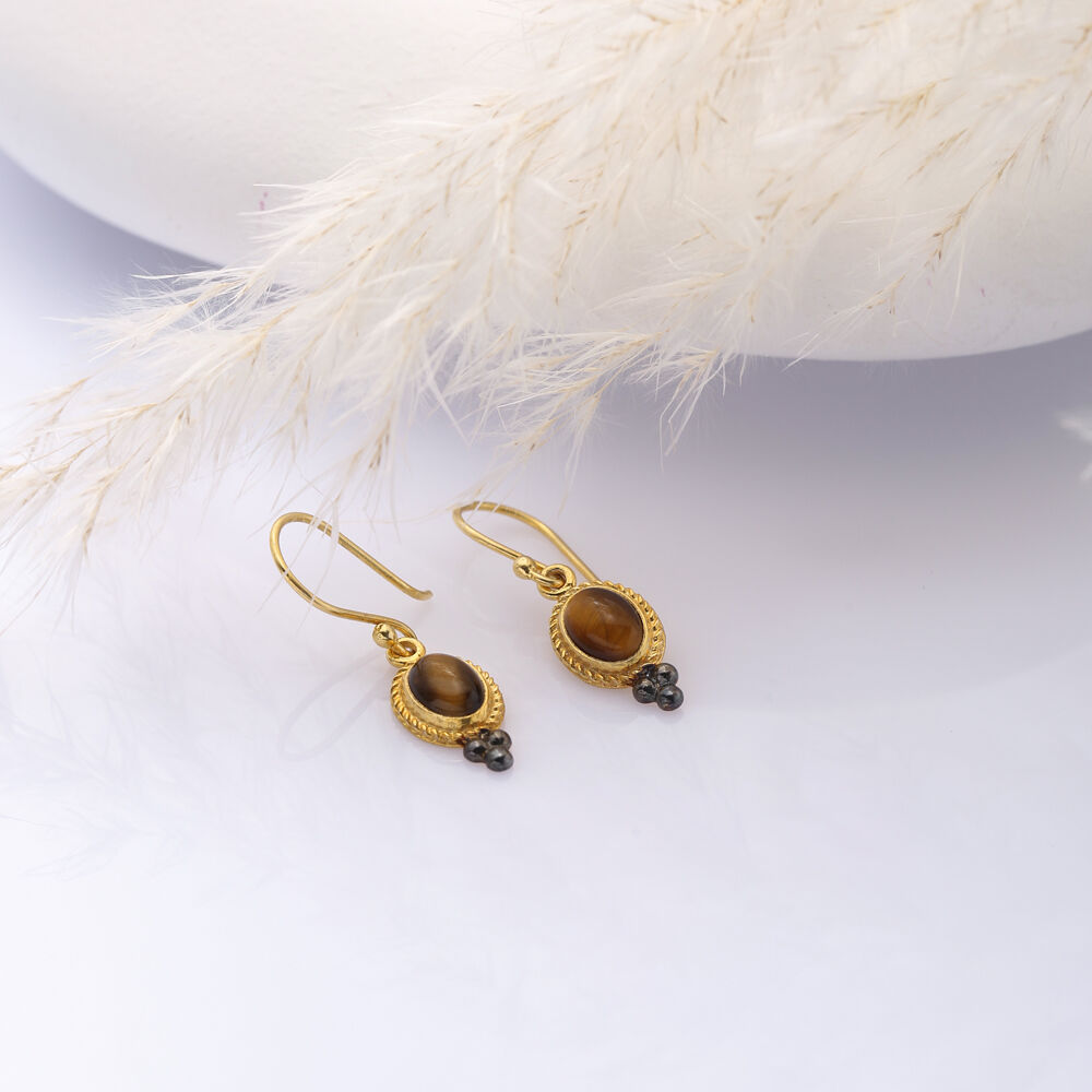 Oval Vintage Tiger Eye Stone 925 Silver 22K Gold Hook Earrings