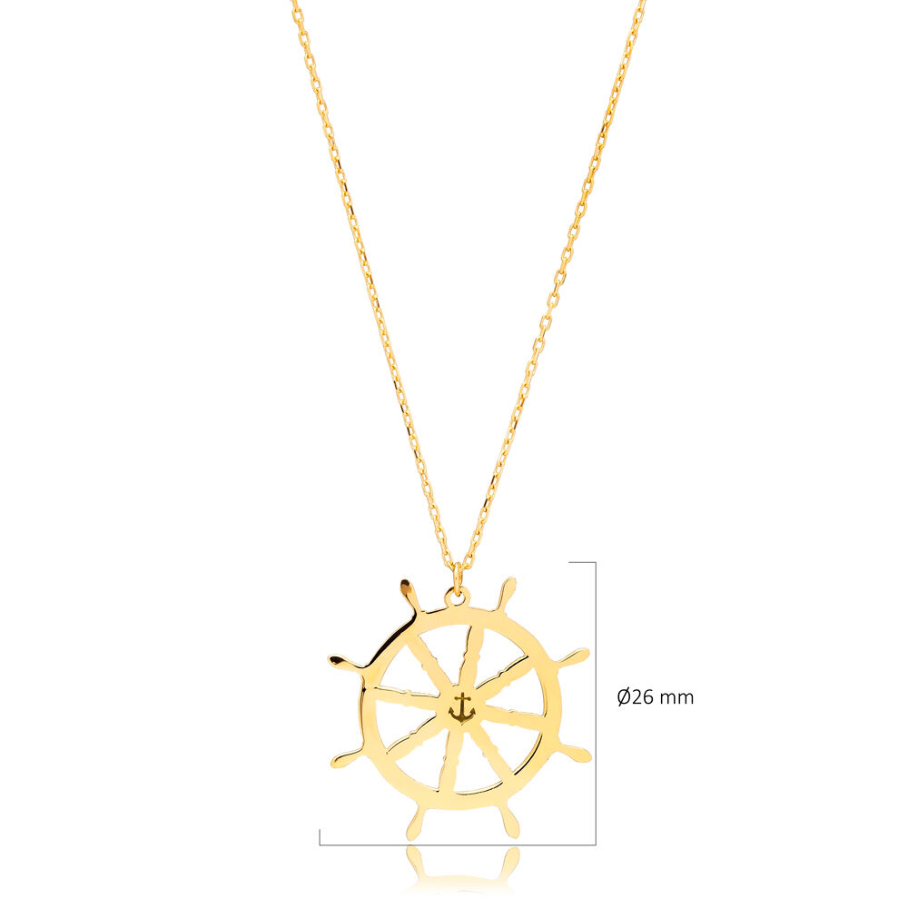 Rudder Design Wheel Plain Silver Charm Necklace Pendant