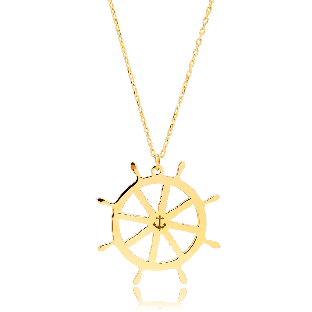 Rudder Design Wheel Plain Silver Charm Necklace Pendant