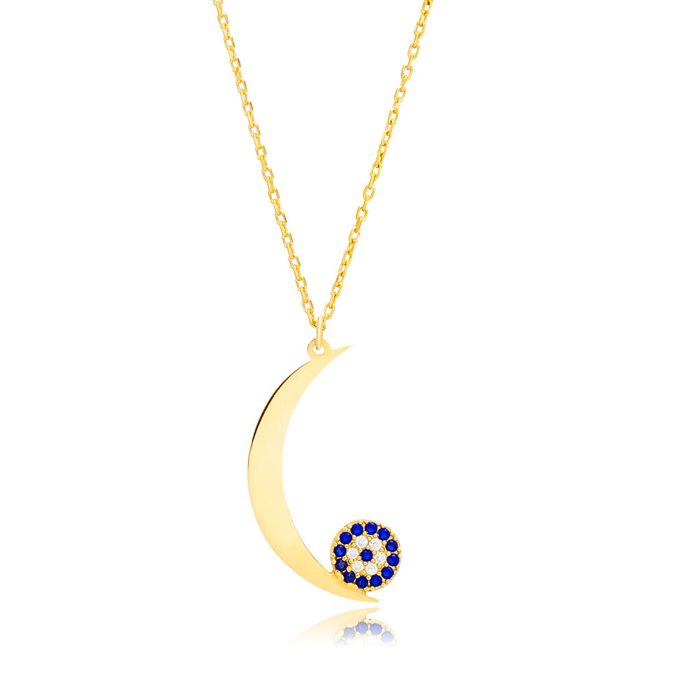 Plain Moon Design with Evil Eye 925 Silver Jewelry Necklace