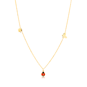 Ladybug with Plain Clover and Butterfly Silver Necklace