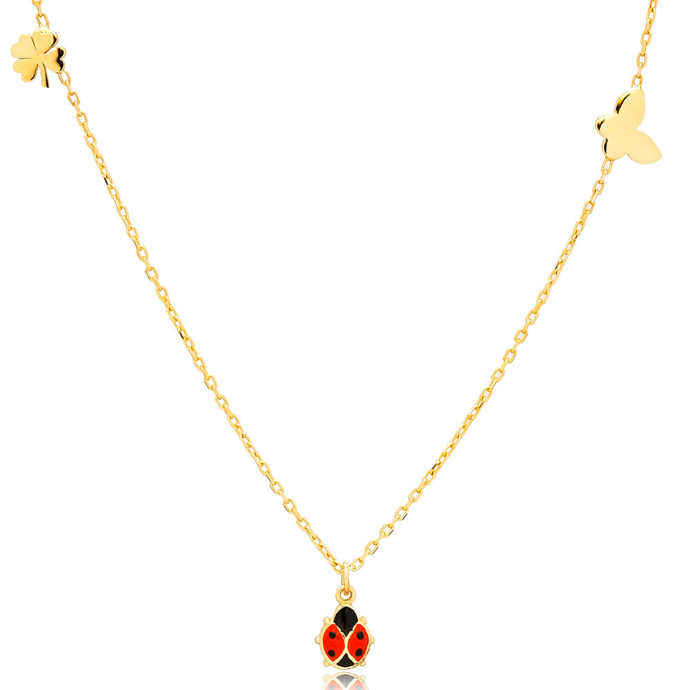 Ladybug with Plain Clover and Butterfly Silver Necklace