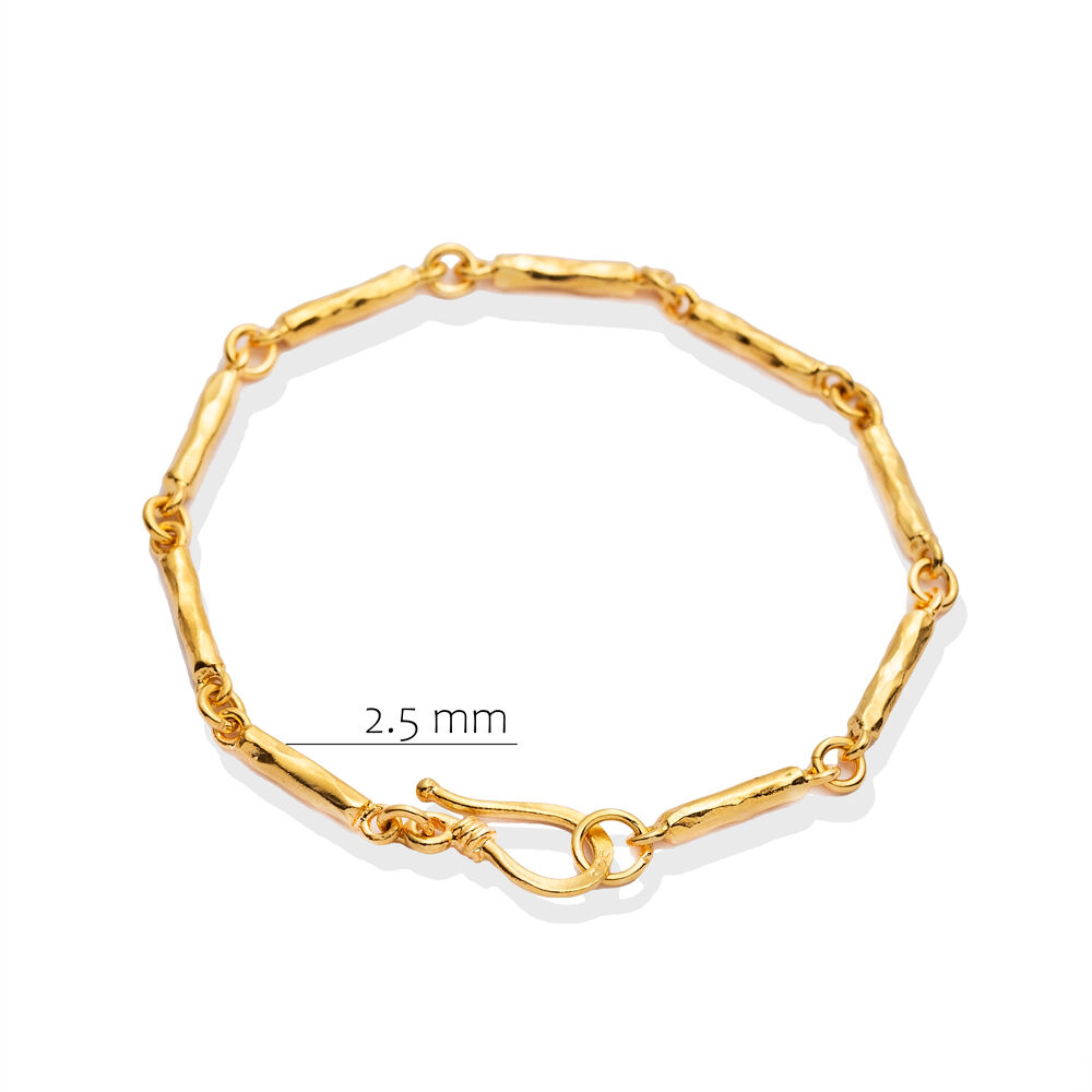 Bar Pillar Chain 22K Gold Plated Hook Clasp Silver Bracelet